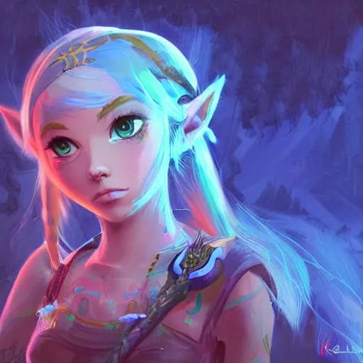 Image similar to kerli koiv in the art style of zelda breath of the wild, dramatic lighting, digital art, intricate, highly detailed, matte painting, fine art