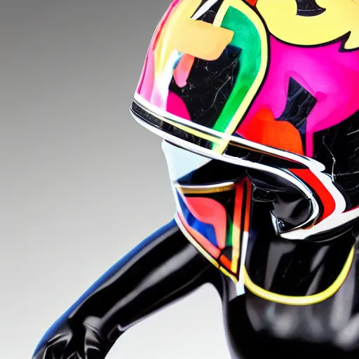 Image similar to photo of a glossy black marble statue of a girl with colorful motocross logos and motorcycle helmet with reflective mirrored visor, carved marble statue, fine art, in the style of virgil abloh, 8 k, 4 k, detailed, realistic, beautiful, symmetrical