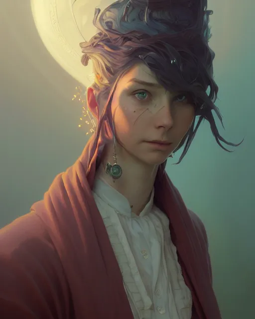 Image similar to highly detailed vfx portrait of a mage, stephen bliss, unreal engine, greg rutkowski, loish, rhads, beeple, makoto shinkai and lois van baarle, ilya kuvshinov, rossdraws, tom bagshaw, alphonse mucha, global illumination, detailed and intricate environment