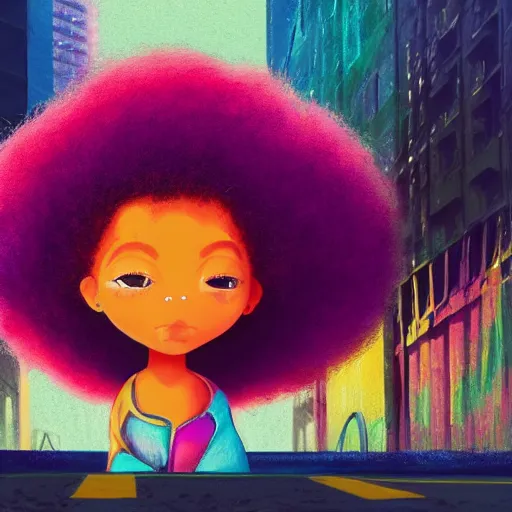 Image similar to a black girl with a colorful afro walking in a cyberpunk street by ralph bakshi, low angle shot, cinematic, colorful, trending on artstation, bright colors, synthwave, watercolor, volumetric wool felting, felt, macro photography, children illustration, by goro fujita