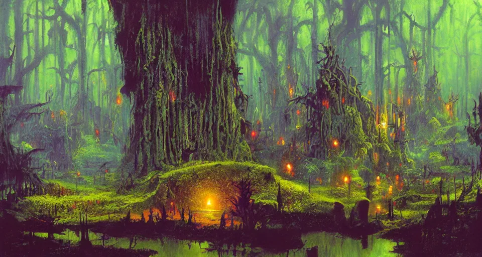 Image similar to A dense and dark enchanted forest with a swamp, by PAUL LEHR ,