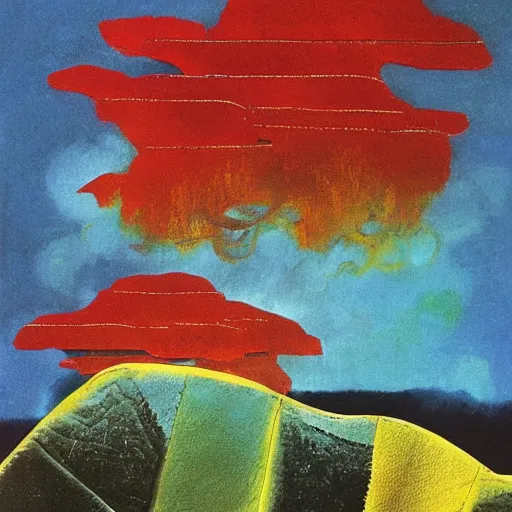 Prompt: leather, fauvist by chris foss robust, emotive. a collage of a beautiful landscape, delicate brushstrokes. peaceful & serene, with a gentle breeze blowing through the trees & flowers. colors are muted & gentle, calm & tranquility. well balanced & harmonious. color & composition, pleasing to the eye & calming to the soul.