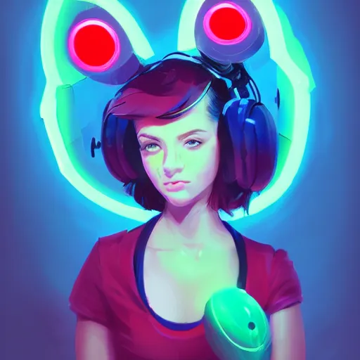 Image similar to portrait of a cute young woman with robot ears and eyes, 4k, sharp focus, neon colored fluorescent lighting, Andreas Rocha