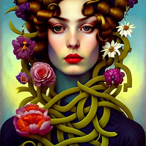 Image similar to dynamic composition, a painting of woman with hair of ( summer flowers )!! and vines wearing ornate earrings, ornate gilded details, a surrealist painting by tom bagshaw and jacek yerga and tamara de lempicka and jesse king, featured on cgsociety, pop surrealism, surrealist, dramatic lighting, wiccan, pre - raphaelite