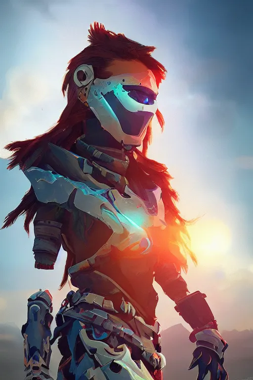 Image similar to combination suit armor aloy horizon forbidden west horizon zero dawn radiating a glowing aura global illumination ray tracing hdr fanart arstation by ian pesty and alena aenami artworks in 4 k tribal robot ninja mask helmet backpack