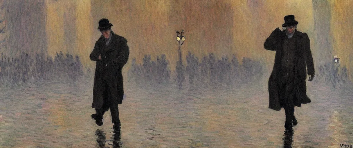 Prompt: a drunk and depressed film noir detective in a trench-coat, walking along a street; a painting by Claude Monet