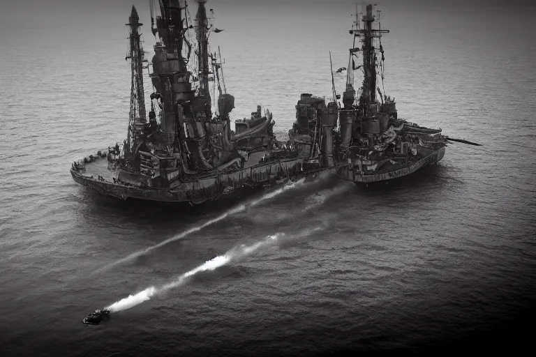 Prompt: steampunk dreadnought battleship sinking with water rushing the deck, puffs of smoke, bird's eye view, wide shot, 4k high res, 120 black and white film