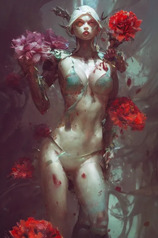 Prompt: abstract beautiful girl predator covered with blood, 3 d render, hyper realistic detailed portrait, holding magic flowers, ruan jia, wlop. scifi, fantasy, hyper detailed, octane render, concept art, by peter mohrbacher, by wlop, by ruan jia