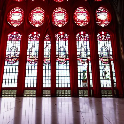 Prompt: the sun shines through red stained glass windows that cast a beautiful reflection on the white marble floor below, i see the pattern of the windows outlined by the red light on the floor