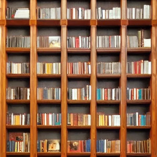 Prompt: photo of bookshelf designed by frank lloyd wright