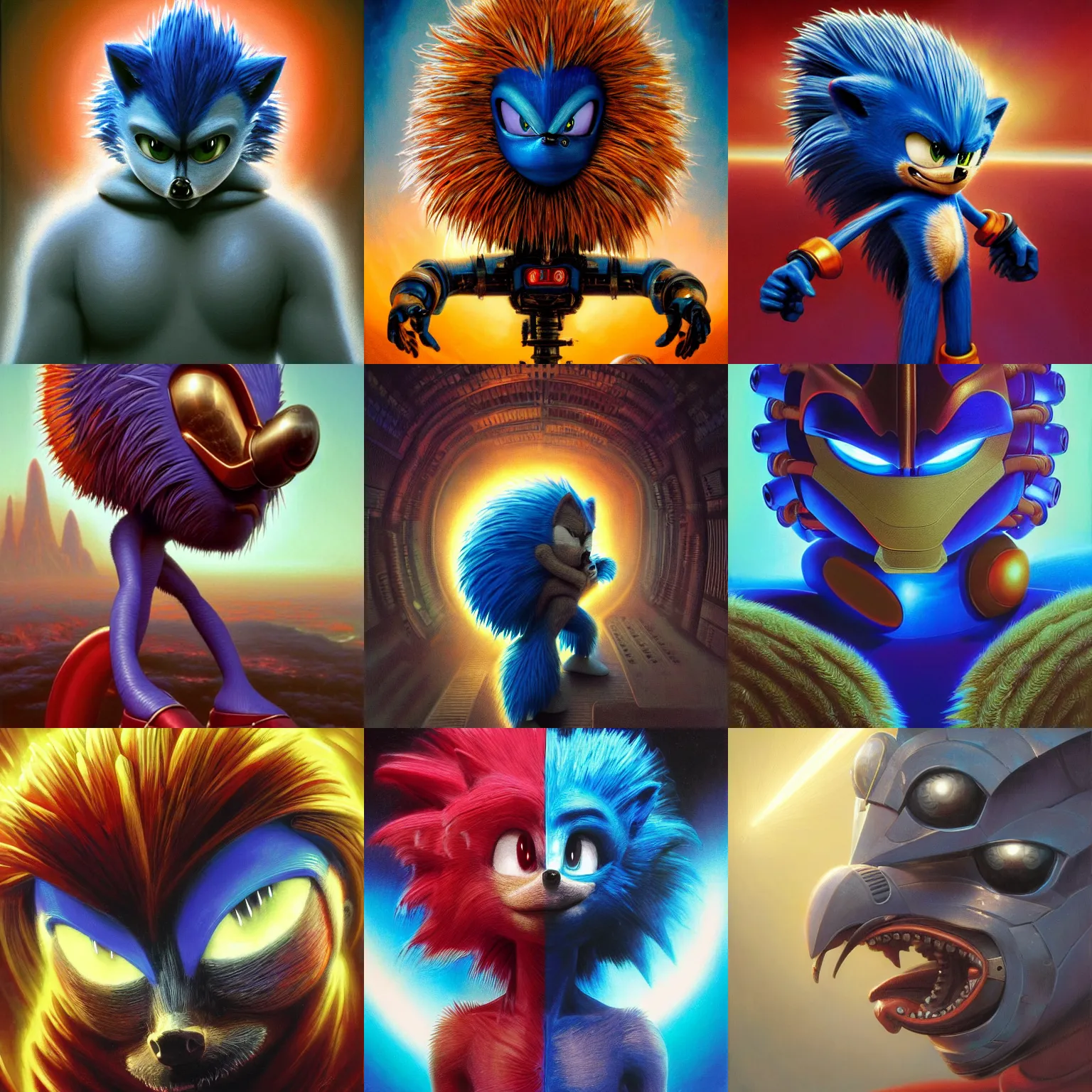 Prompt: cinematic bust portrait of psychedelic sonic the hedgehog from left, head and chest only, exotic alien features, robotic enhancements, desaturated, Tim Hildebrandt, Wayne Barlowe, Bruce Pennington, donato giancola, larry elmore, oil on canvas, masterpiece, trending on artstation, featured on pixiv, cinematic composition, dramatic pose, beautiful lighting, sharp, details, hyper-detailed, HD, HDR, 4K, 8K