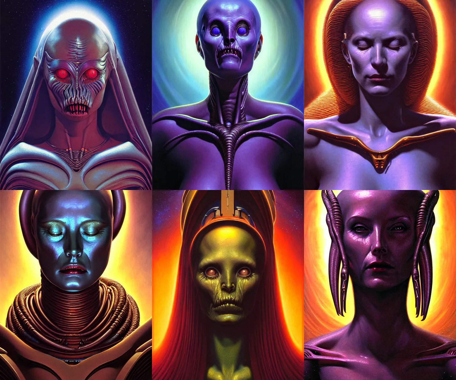 Prompt: cinematic bust portrait of alluring female extraterrestial queen, head and chest only, exotic alien features, Tim Hildebrandt, Wayne Barlowe, Bruce Pennington, donato giancola, hr giger, oil on canvas, masterpiece, trending on artstation, featured on pixiv, cinematic composition, dramatic pose, beautiful lighting, sharp, details, hyper-detailed, HD, HDR, 4K, 8K