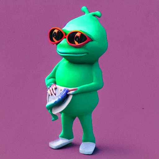 Image similar to a 3 d render of a pepe dressed in hippie clothes
