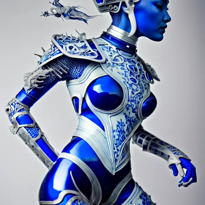 Image similar to porcelain cyborg armor, Chinese Blue and white porcelain 24th century, diffuse lighting, fantasy, intricate, elegant, highly detailed, lifelike, photorealistic, digital painting, artstation, illustration, concept art, smooth, sharp focus, art by John Collier and Albert Aublet and Krenz Cushart and Artem Demura and Alphonse Mucha