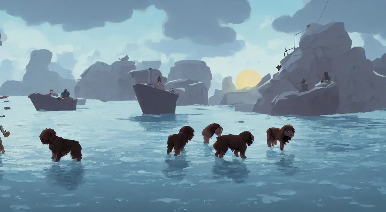 Image similar to havanese dogs pulling arctic explorers from the water, 1 9 0 0, tartakovsky, atey ghailan, goro fujita, studio ghibli, rim light, scary, afternoon lighting, clear focus, very coherent