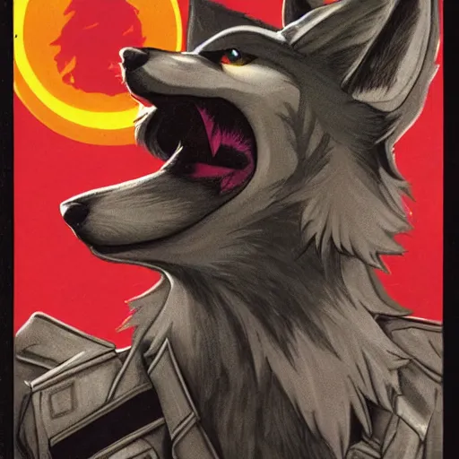 Image similar to 1 9 8 0 s video game art of anthropomorphic wolf o'donnell from starfox fursona furry wolf in a dark space mercenary uniform, looking heroic, magazine scan, 8 0 s game box art, dark grey wolf o'donnell