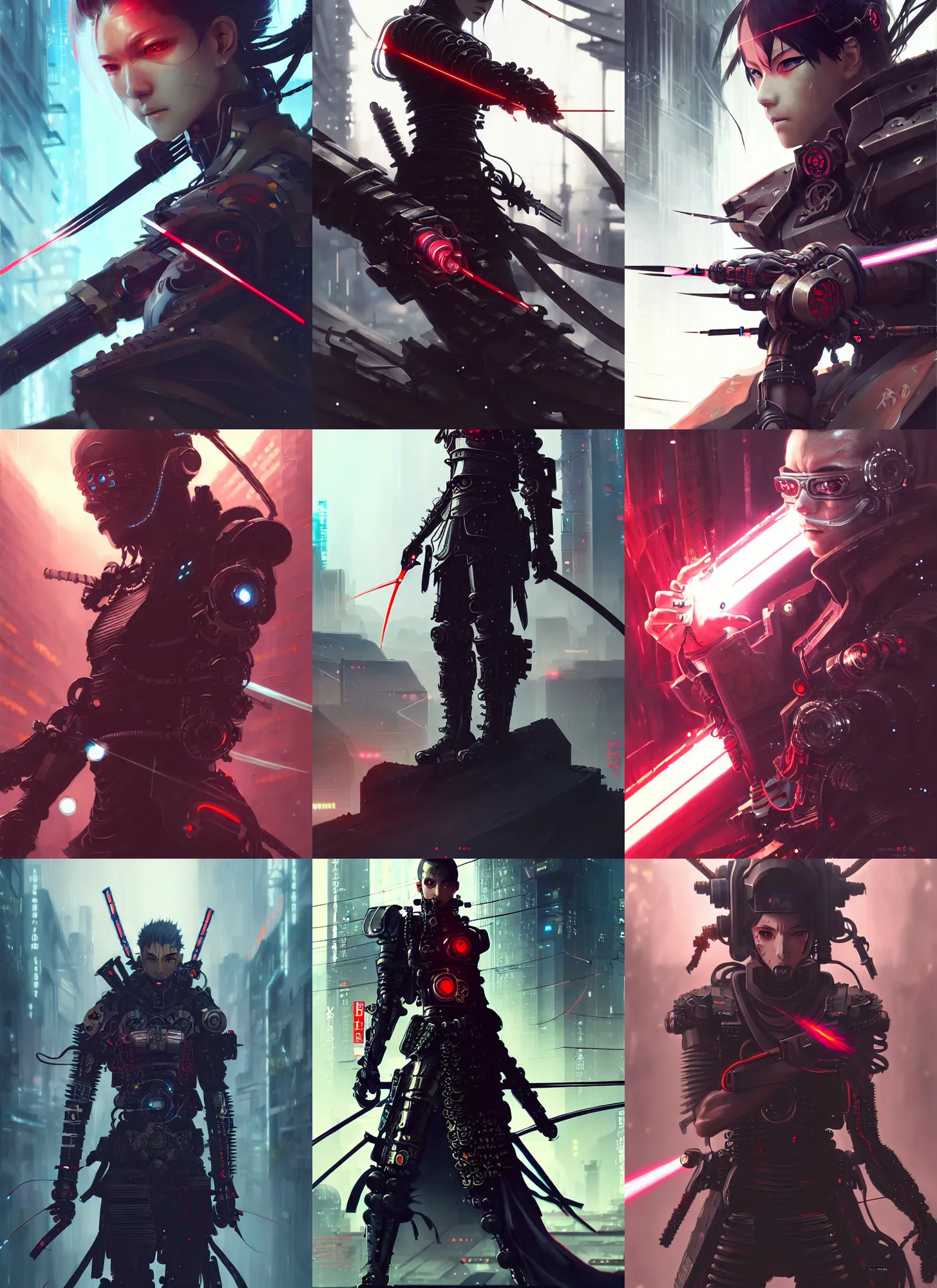 Prompt: very cool cyberpunk cyborg samurai, battle pose, laser swords, beautiful, detailed portrait, intricate complexity, concept art by krenz cushart, kyoto animation, wlop. 4 k, beautiful, cinematic dramatic atmosphere, sharp focus