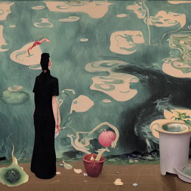 Image similar to tall female emo artist in her flooded kitchen, water gushing from ceiling, painting of flood waters inside an artist's home, a river flooding indoors, pomegranates, pigs, ikebana, zen, water, octopus, river, rapids, waterfall, black swans, canoe, berries, acrylic on canvas, surrealist, by magritte and monet