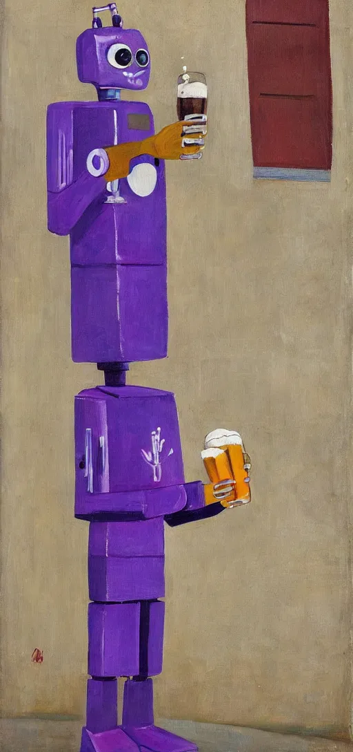 Image similar to purple robot holding a beer in the streets, azimov, painting