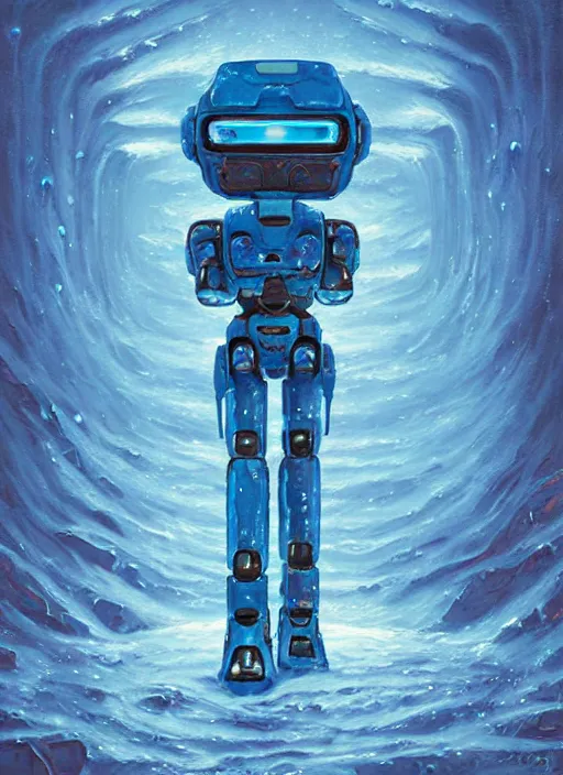 Image similar to an intricate oil painting of a giant pristine icey blue metal anime humanoid mecha with rounded components by simon stalenhag, icey tundra background