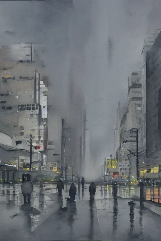 Image similar to a watercolor about contemporary Shanghai, deserted street after rain, cloudy overcast sky, poignant, high contrast of light and dark, smooth, by Joseph Zbikowicz, 8k