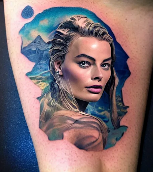 Image similar to tattoo design sketch double exposure of margot robbie blended in beautiful mountain scenery, creative mash up, in the style of arlo dicristina, surrealist, amazing detail, sharp