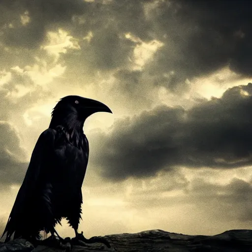 Prompt: Crow Fursuit, center composition, dark clouds, golden hour, dream-like heavy atmosphere, hyperrealistic, beautiful detailed intricate insanely detailed octane render trending on Artstation, 8K artistic photography, photorealistic, dramatic volumetric cinematic perfect light, chiaroscuro, award-winning photograph, masterpiece,