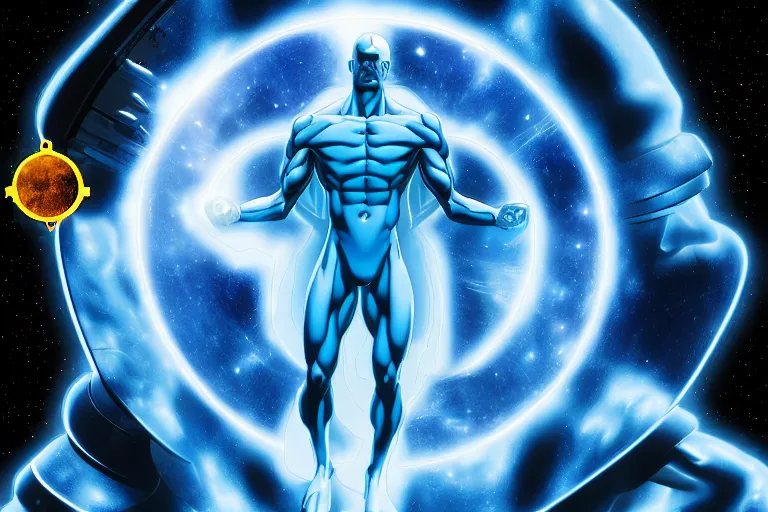 Prompt: dr Manhattan many armed creator destroyer god controls every atom in the galaxy, selective color effect, cinematic, wide angle cinematography, yin Yang, 8k wallpaper