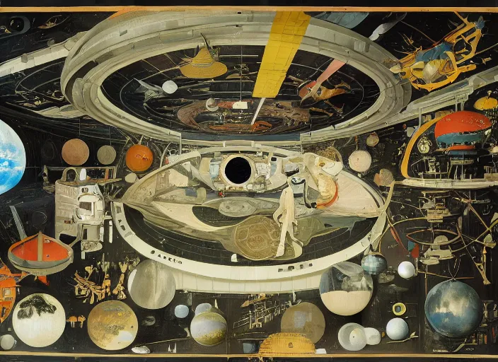 Image similar to an intricately detailed space station colony Hieronymus Bosch and Syd Mead