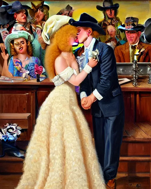 Prompt: stylish painting of the Milkybar kid with blonde hair, cowboy hat and glasses, kissing bride who is a poodle dog, on the altar, at their wedding. In the style of JC Leyendecker