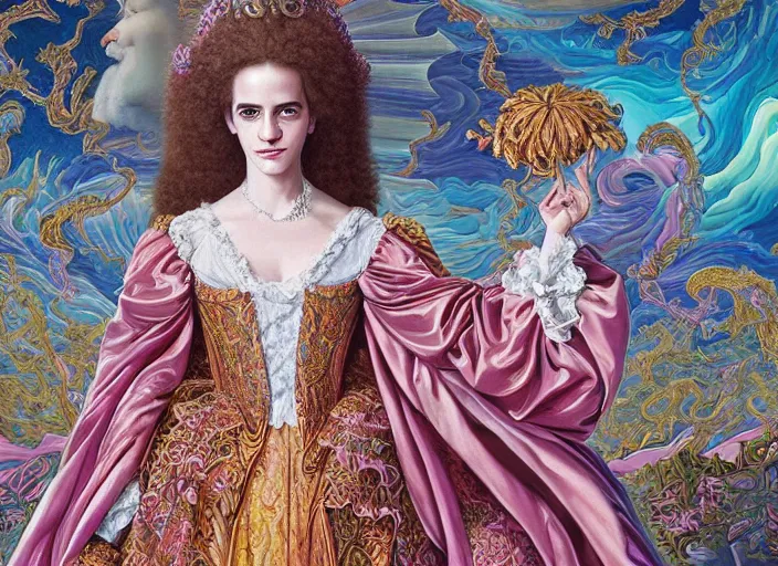 Image similar to beautiful oil painting, full length portrait of Emma Watson as Louis xiv in coronation robes 1701, Dan Mumford, Dan Mumford, Alex grey, Alex grey, highly detailed , lsd visuals, dmt fractal patterns, hallucinogen, visionary art, psychedelic art, ornate, vaporwave, baroque