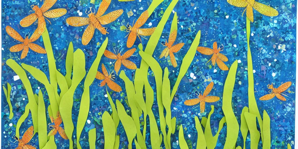 Image similar to dragonfly swarm dancing in the calm summer air above a peaceful stream. hand - painted collage cut paper. by eric carle