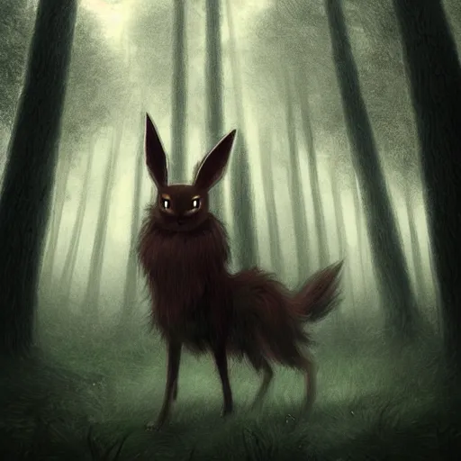 Prompt: an eevee pokemon as a cryptid in a dark ominous forest, foggy, dim lighting, artwork by andrew ferez