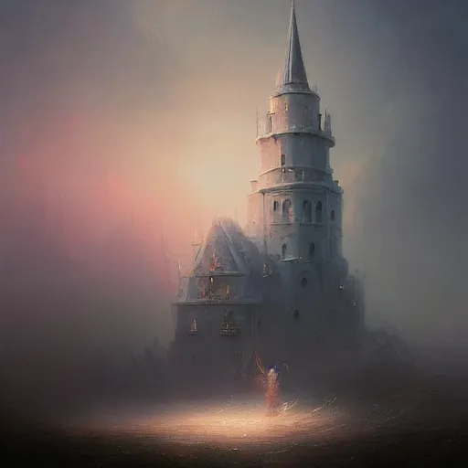 Image similar to a beautiful painting of a dark souls buildings by ivan aivazovsky and rhads and greg rutkowski and james gurney, in style of digital art, lit windows, fog, mystic, hyper detailed, sharp focus, soft light. octane render. ray tracing. trending on artstation