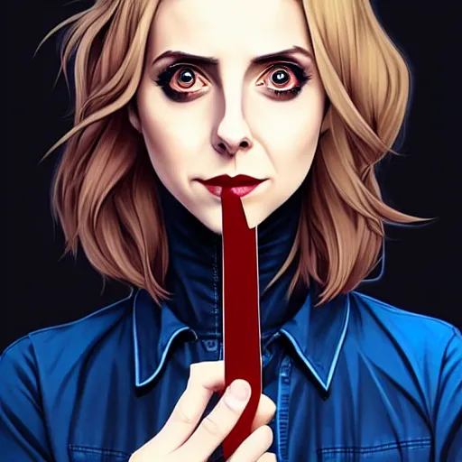 Image similar to loish, artgerm, Joshua Middleton art, pretty female Alison Brie serial killer holding bloody knife in right hand, blood on clothes and face, sarcastic smile, symmetrical eyes, symmetrical face, jean jacket, jeans, short blonde hair, middle shot, night time, deep blacks