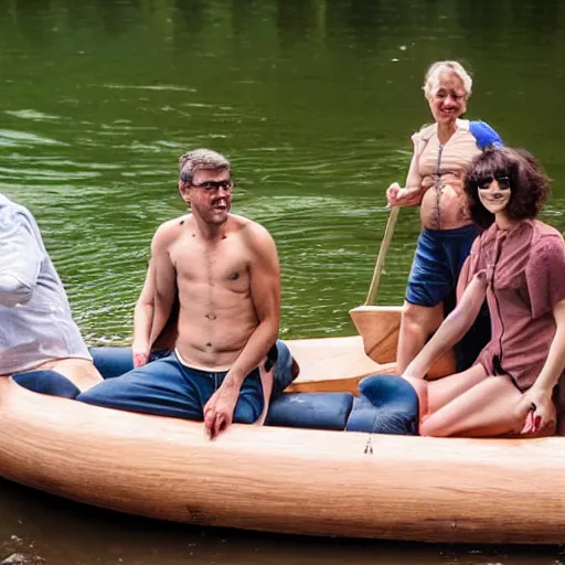 Image similar to four people on a wooden raft