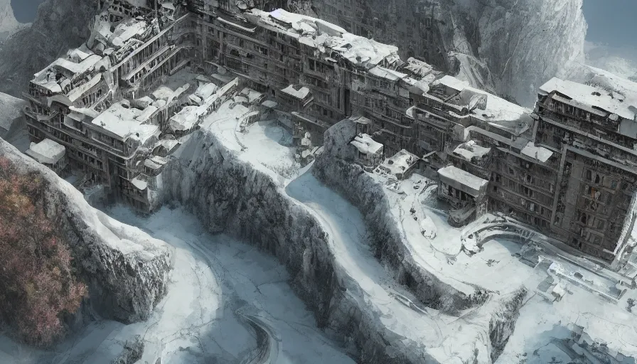 Image similar to Huge sanatorium built on the edge of a snowy cliff, hyperdetailed, artstation, cgsociety, 8k