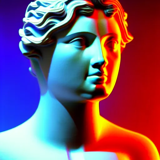 Image similar to sci - fi cgartist wide shot anaglyph ambient occlusion rendering of a hyper realistic marble greek statuary regal goddess head glowing with embedded vaporwave leds product photo high key colored lighting, trending on artstation volumetric lighting