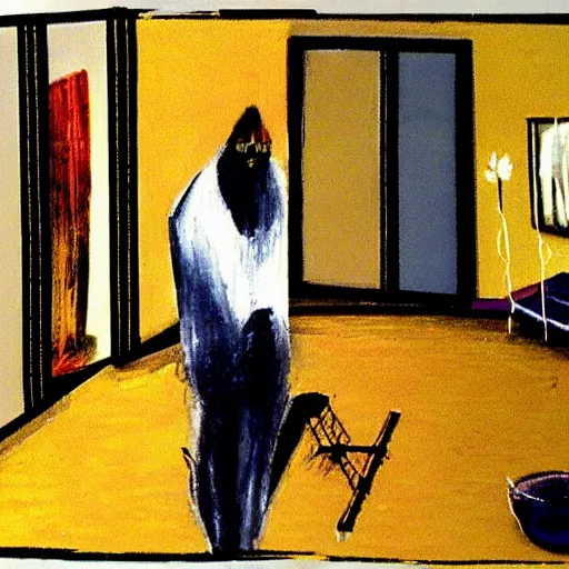 Image similar to man in the apartmen painted by francis bacon, psx game graphics