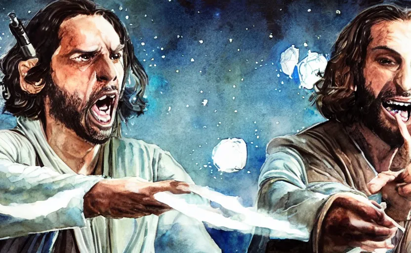 Image similar to an accurate realistic star wars watercolor fantasy concept art of a drug dealer that looks like chris d'elia yelling angrily in a sleazy futuristic bar of coruscant, hq, 4 k