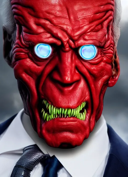 Image similar to hyper realistic ultra realistic mutant photo Doom furious glowing red eyes biden, high quality photo, detailed , 8k