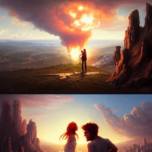 Image similar to a young couple watching a nuclear explosion, romantic, mushroom cloud, uplifting, happy, apocalytic detailed digital matte painting by artgerm, greg rutkowski and alphonse mucha