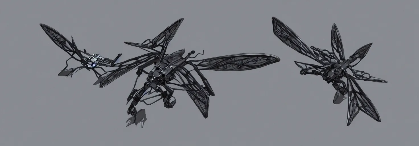 Prompt: symmetry!! a mechanized dragonfly with it's wings spread, gunmetal grey, top down view!! very symmetrical, mecha, jet fighter, space shuttle, robotic, highly detailed, artstation, super realistic, unreal engine