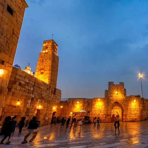 Image similar to a beautiful jerusalem city with lots of glowing crystals, sunset lighting,