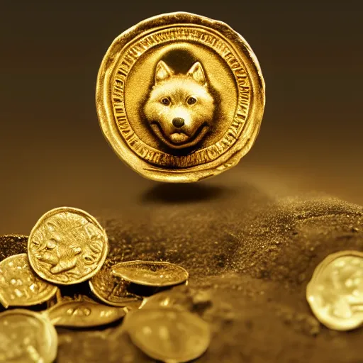 Prompt: an ancient roman gold coin with the face of a cute shiba inu, close up photo, ultra realistic, studio photo, bokeh. intricate details.