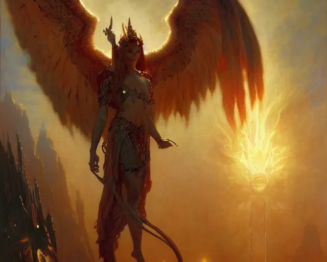 Image similar to attractive lucifer morning star summons death of the endless. highly detailed painting by gaston bussiere, craig mullins, j. c. leyendecker 8 k