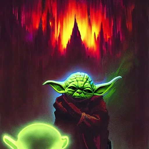 Prompt: yoda is angry and turning to the dark side, overwhelming energy, detailed background by m. w. kaluta + bruce pennington, dark side, neon color, volumetric lighting, colorful vapor, deep dark color, floating molecules, digital painting, oil painting, artwork by ralph mcquarrie + cory loftis + andreas rocha + paul lehr + ian mcque + eddie mendoza