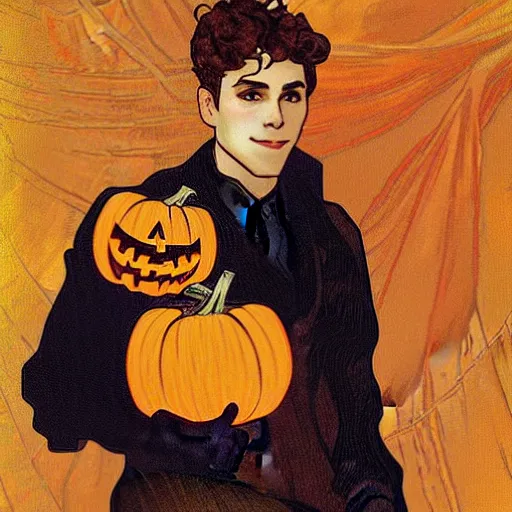 Image similar to painting of handsome young delicate beautiful jeffrey in his 2 0 s with brown hair and gorgeous rina together at the jack o'lantern halloween party holding pumpkins, elegant, clear, painting, stylized, art, art by alphonse mucha, vincent van gogh, egon schiele,