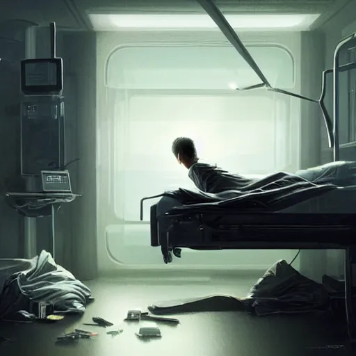 Image similar to concept art by greg rutkowski, very tall and slender young man waking up in a hospital bed, futuristic and high - tech setting but desolate and dimly lit, scifi, highly detailed portrait, digital painting, artstation, concept art, smooth, sharp foccus ilustration, artstation hq