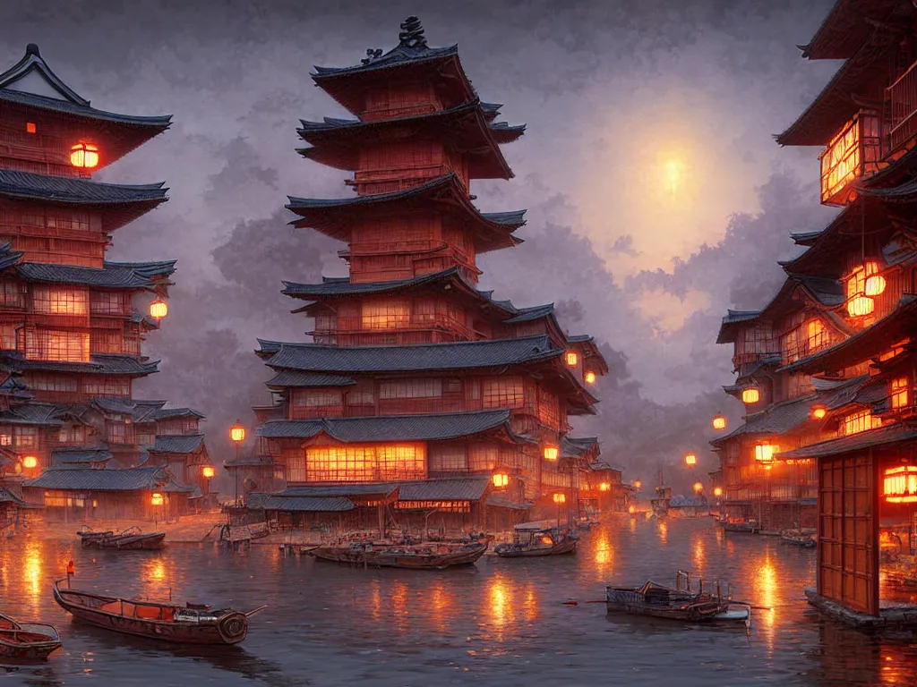 Image similar to old japanese small town viewed from harbor, d & d digital painting, intricate details, ultra realistic, beautiful, volumetric lighting, warm colors advance, cell shading, by james jean, greg rutkowski, gerald brom, wlop